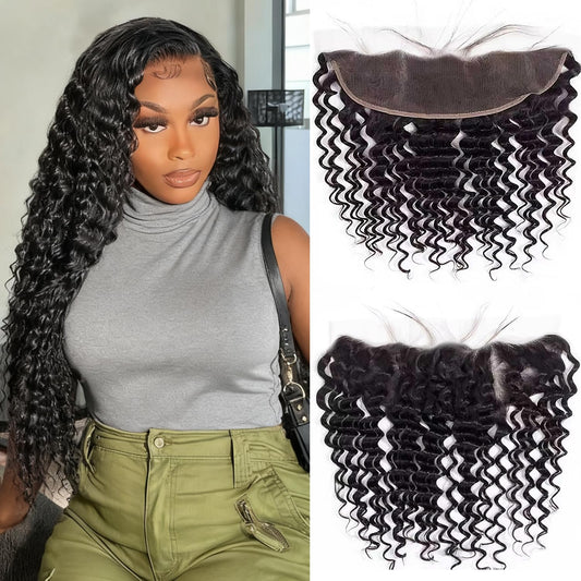 13x4 Lace Frontal Closure Deep Wave Ear to Ear Frontal HD Lace 10 Inch Brazilian Virgin Human Hair Frontal Pre Plucked with Baby Hair 150% Density Natural Black Hair Extensions for Women