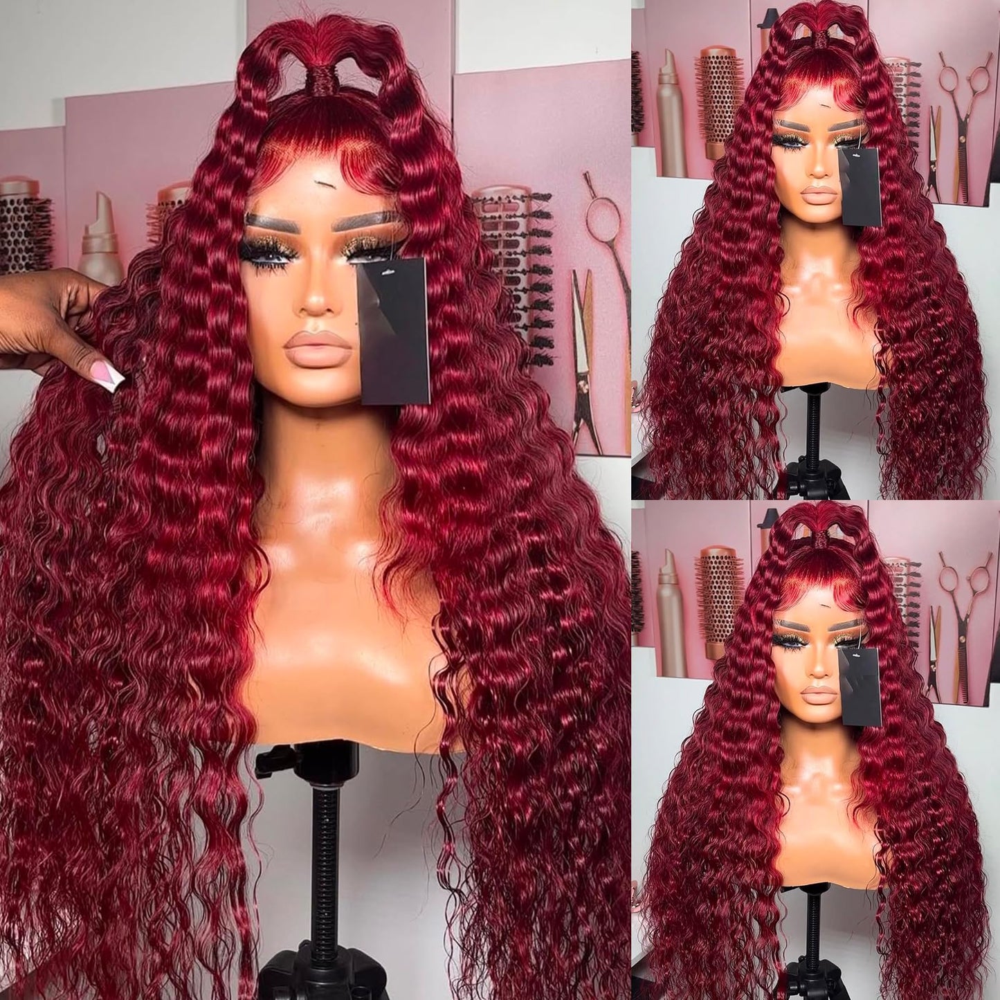 ANDRIA 13x4 HD Transparent Lace Front Wigs 26 Inch Wine Red Deep Wave with Baby Hair Pre-Plucked Glueless Burgundy 200% Density Natural Color Long Synthetic Deep Curly Wigs For Black Woman
