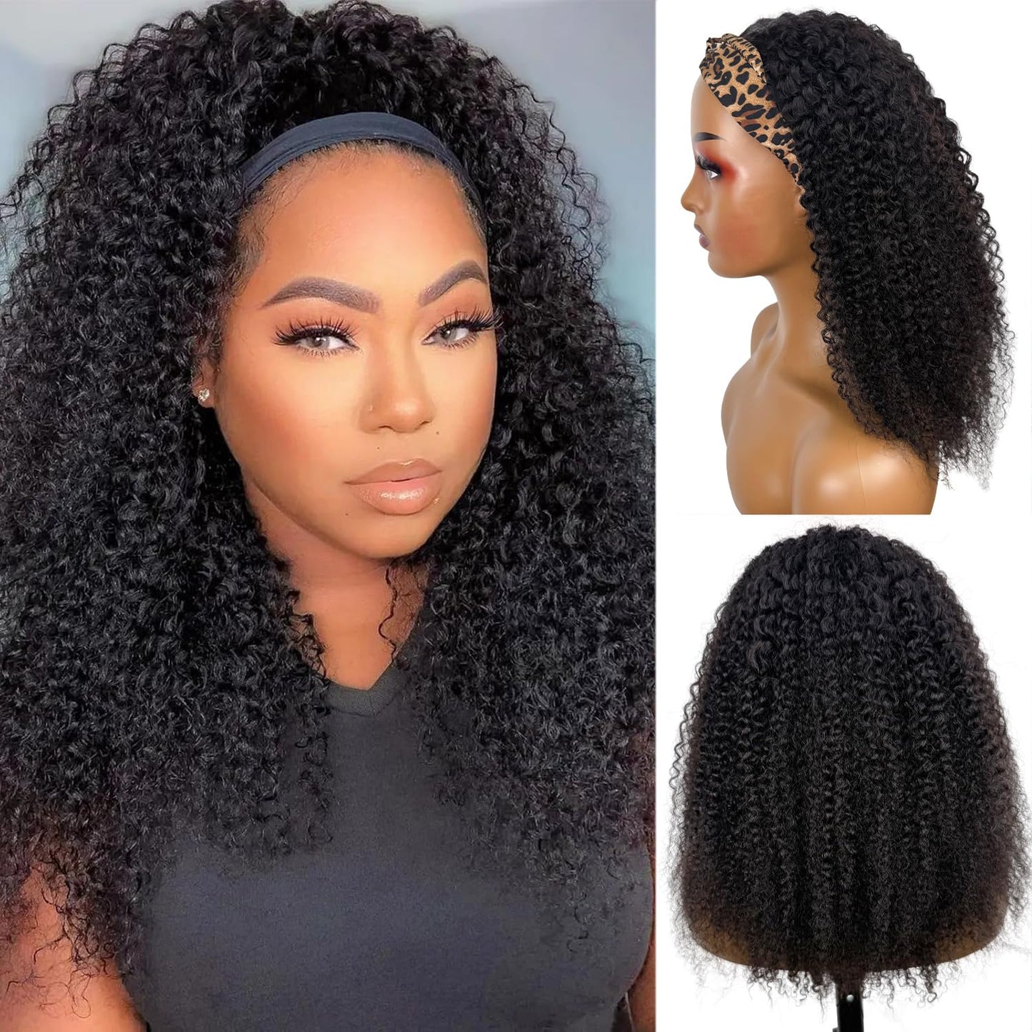 Kinky Curly Headband Wig Human Hair 28 Inch Headband Wigs for Women Human Hair Glueless None Lace Front Curly Wave Wigs Brazilian Virgin Hair Wear and Go Glueless Wig 150% Density Natural Black Color