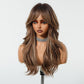 Tumhorn Long Brown Layered Wig with Curtain Bangs for Women Highlight Brown Mixed Blonde Wavy Wig Natural Looking Heat Resistant Synthetic Wigs for Daily Party Use