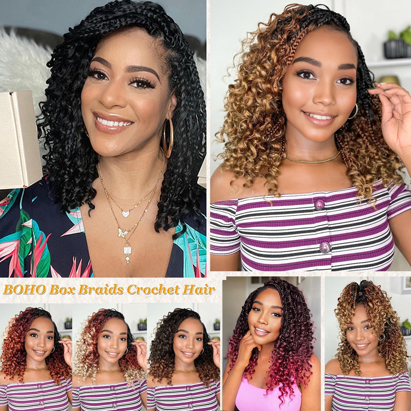 Yewell 9 Packs Goddess Box Braids Crochet Hair Boho Box-Braids With Curly Ends Crochet-Hair For Black Women,12 Inch Pre Looped Bohemian Crochet Box-Braiding(12Inch 9Packs,4)
