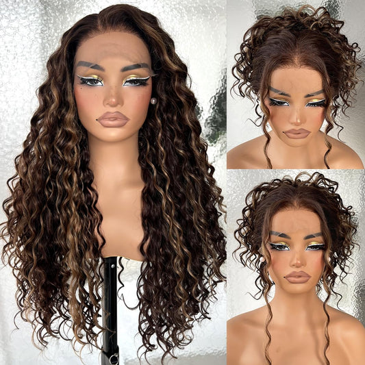 26Inch Ombre Honey Blonde Highlights Deep Curly Lace Front Wig for Black Women, 13x6 HD Glueless Curly Lace Front Wigs Pre-Plucked, 200 Density Synthetic, 26 inch #4/27 Blonde Highlights