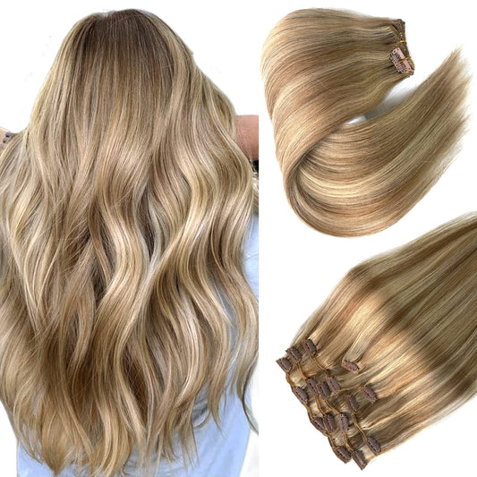 Hair Extensions Clip in Human Hair, Golden Blonde to Light Blonde Highlights Remy Human Hair Clip in Extensions 7 Pieces 70G Double Wefts 14 Inch Clip in Hair Extensions for Fine Hair Women
