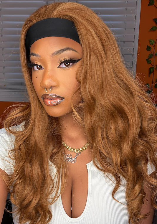 FANCEE Yaki Wavy Headband Wigs Honey Brown Kinky Straight Wear and Go Wig with Curly Wavy Ends for Mom on the Go Synthetic Headband Blow Out Style Natural Hair Wig for Black Women 27/30