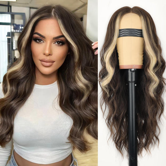 AISI HAIR Dark Brown Mixed Light Blonde Wig for Women, Long Wavy Lace Hairline Middle Part Synthetic Heat Resistant Wig for Daily Party-26 Inch