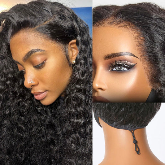 LUVME HAIR Flexi-Fit Invisi Drawstring Wig 13x4 Lace Wig PreMax Lace Wigs Water Wave Curly Lace Front Wigs Human Hair Pre Cut Plucked Lace Frontal 28 Inches Natural Black