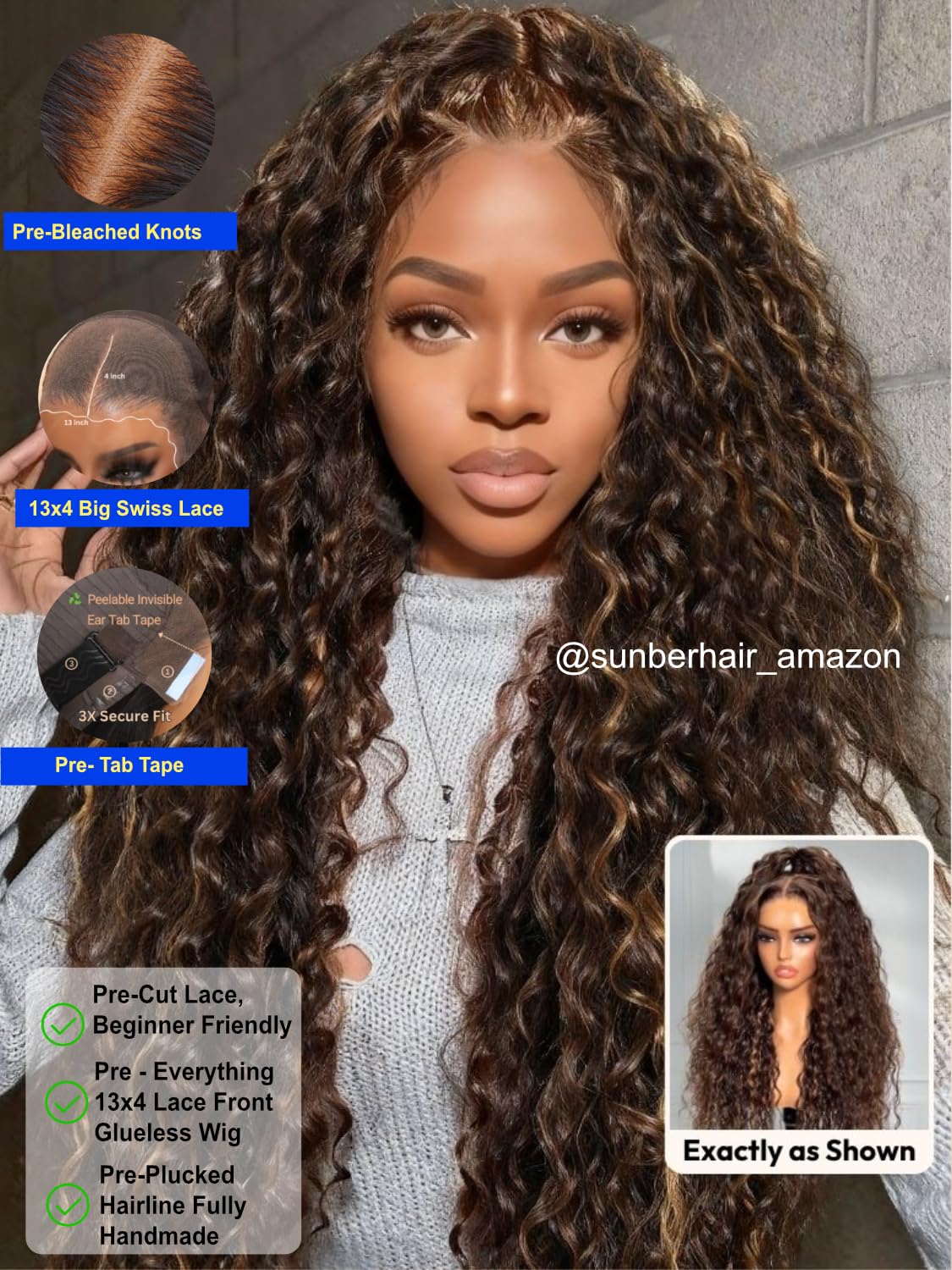 Sunber Ombre Brown Highlights Honey Blonde Water Wave Human Hair Glueless Wig Bye Bye Knots Pre Everything 7x5 Lace Front Pre Cut Lace Pre Plucked Pre Bleached Knots 150% Density 3S Pull Go 26Inch