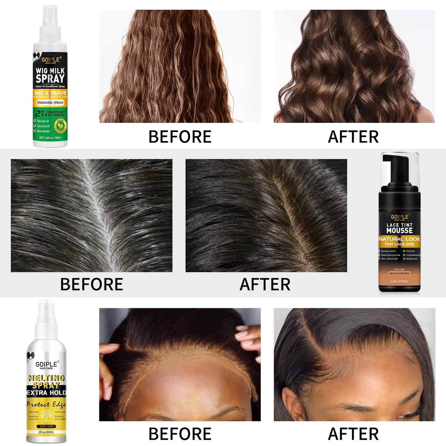 Lace Tint Mousse Wig Milk Spray for Synthetic Hair, Leave-in Conditioner Spray Conditioner ＆ Detangler Moisturizer, Wig Glue for Lace Front Wigs Strong Hold Hair Adhesive Wigs Accessory Essentials Kit