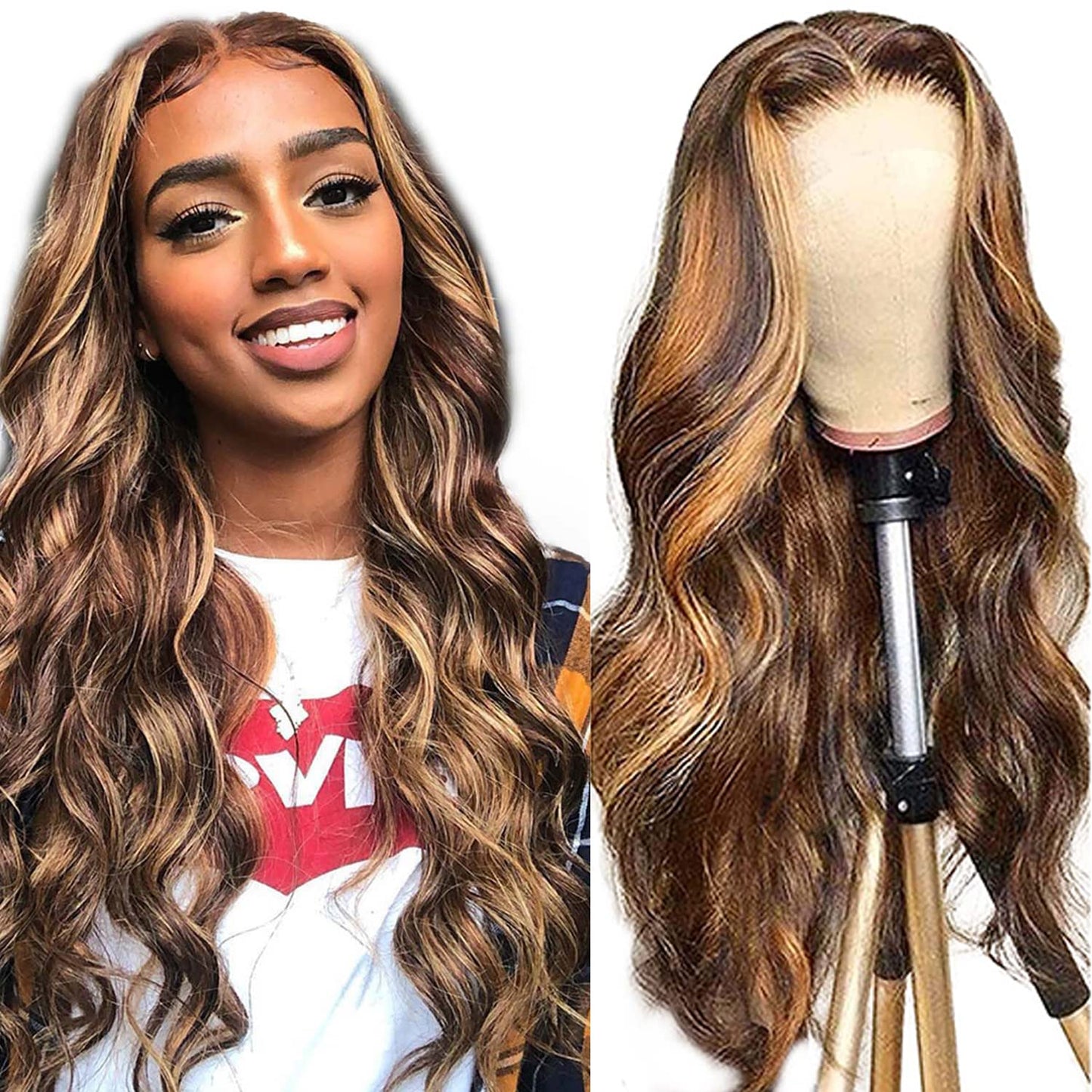 LAPONDAI Highlight Ombre 13x4 HD Lace Front Wig Human Hair Pre Plucked Transparent 4/27 Honey Blonde lace frontal Wigs with Baby Hair 150 Density Colored Body Wave Lace Front wig Human Hair 24 Inch