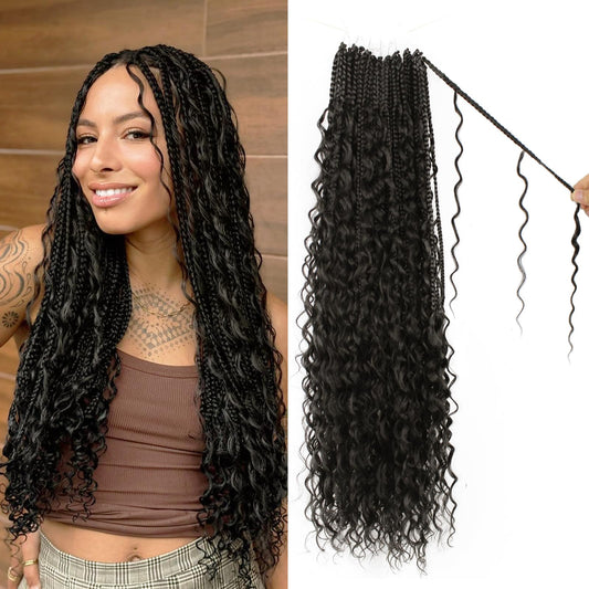 Boho Crochet Braids Pure Protein Fiber Close to Human Hair 18 Inch Goddess Box Braids with Soft Curls Bohemian Braids Crochet Hair for Black Women (18Inch #2)
