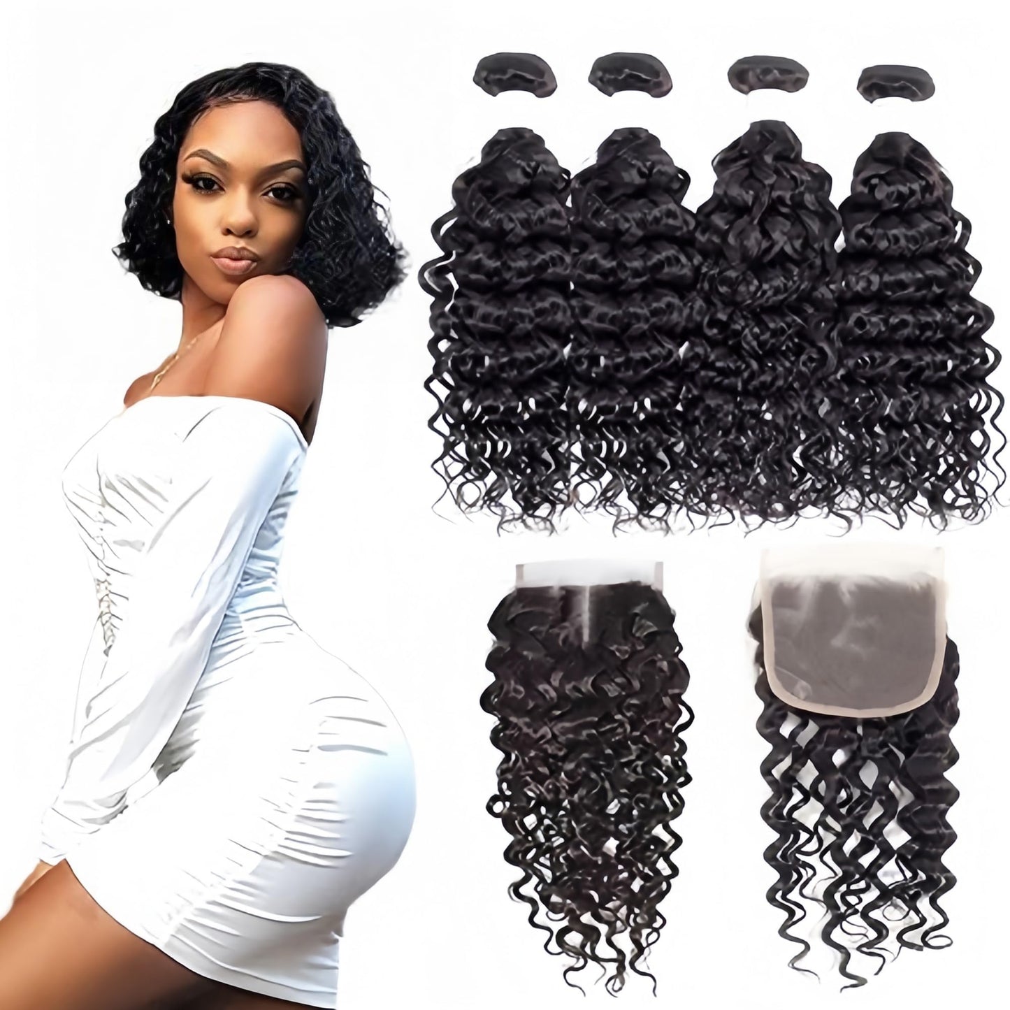 Foruiya Water Wave 4Bundles(50g/bundle) with Middle Part Closure Weave Hair Human Bundles with T Lace Closure Brazilian Wet and Wavy Bundles with Closure (10/10/10/10+10" closure)