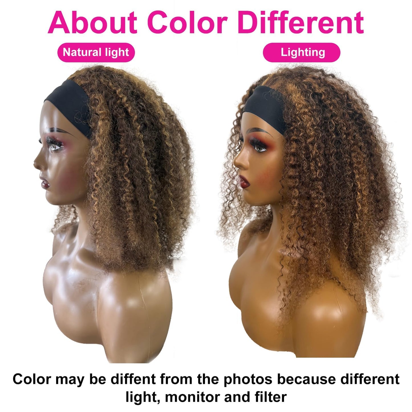Ombre Highlight Headband Wig Human Hair #4/27 Colored Kinky Curly Headband Wig for Black Women Glueless None Lace Front Human Hair Wigs Brazilian Virgin Hair Wear and Go Wigs 150% Density 14 Inch