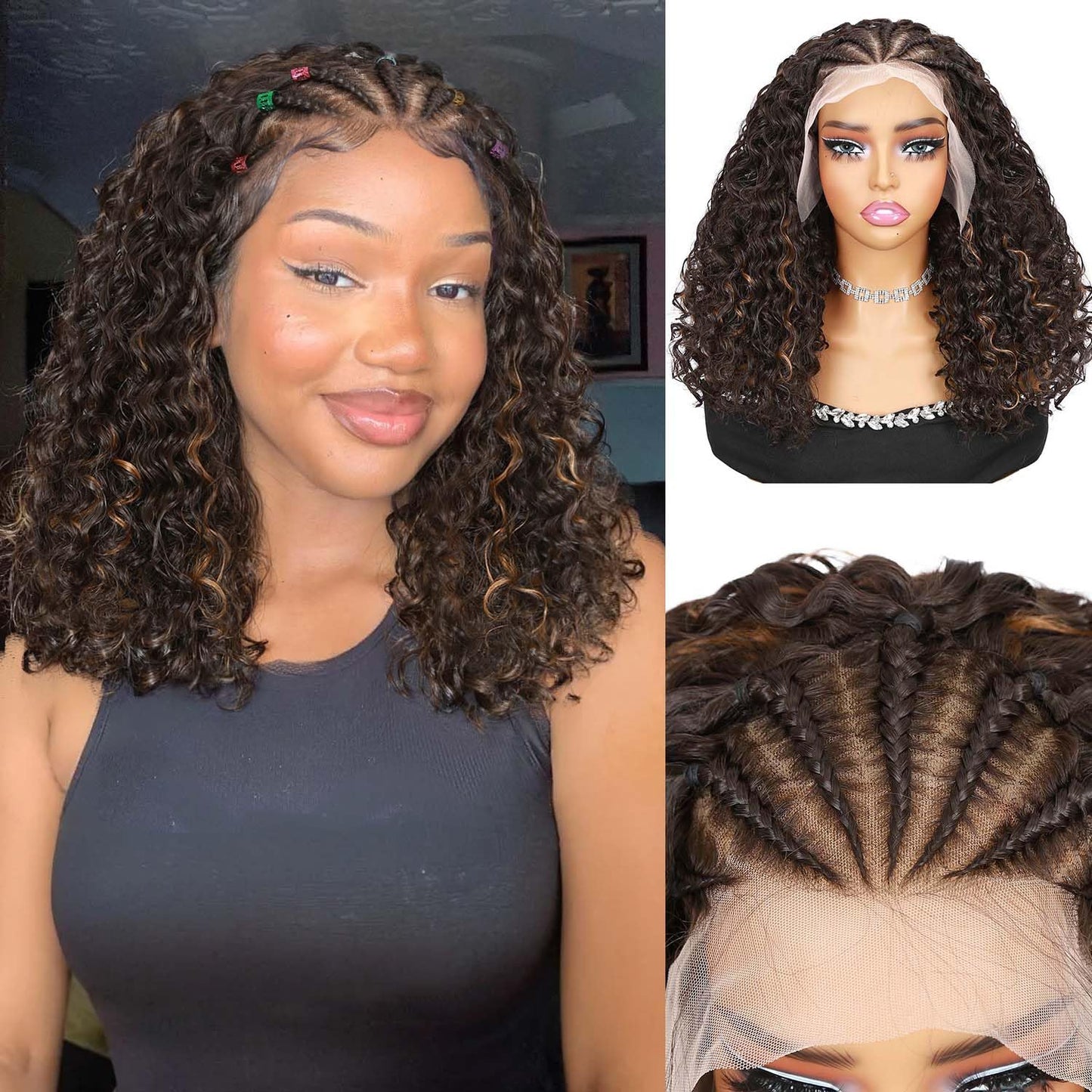 Quantum Love Braided Wigs for Black Women Braids Cornrows Lace Curly Wigs 16 Inch Fully Lace Frontal Braided Curly Bob Mix Brown Synthetic Glueless Wigs