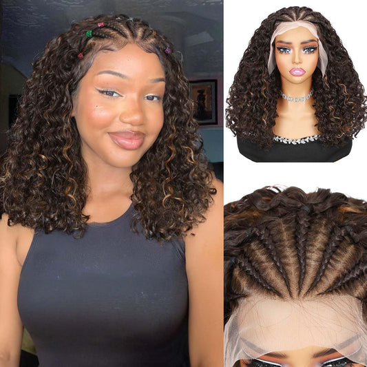 Quantum Love Braided Wigs for Black Women Braids Cornrows Lace Curly Wigs 16 Inch Fully Lace Frontal Braided Curly Bob Mix Brown Synthetic Glueless Wigs