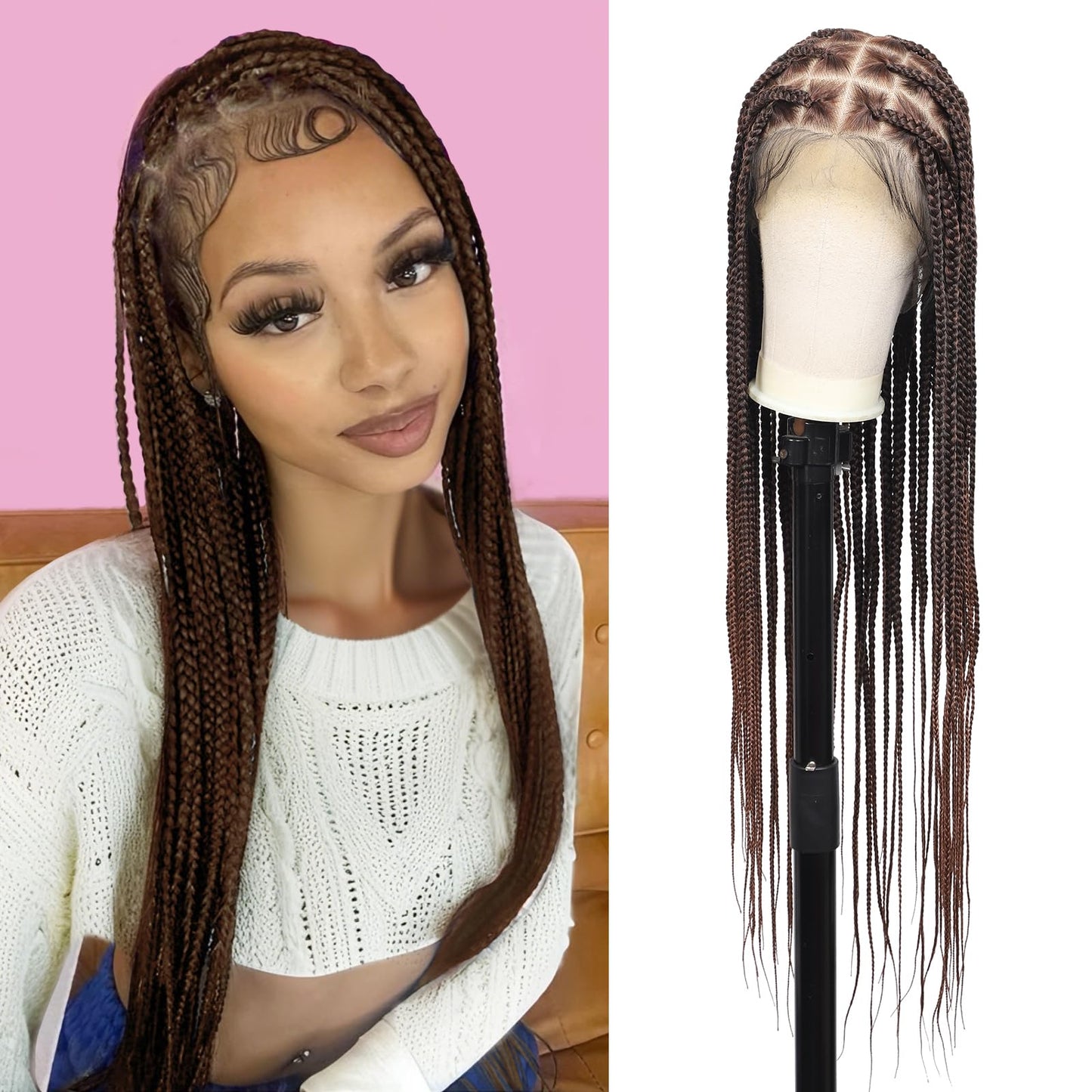 Olymei 360° Hd Full Lace Large Square Knotless Braided Wigs for Women Box Braid Wig with Baby Hair Long Brown Premium Synthetic Braided Lace Front Wigs 36"