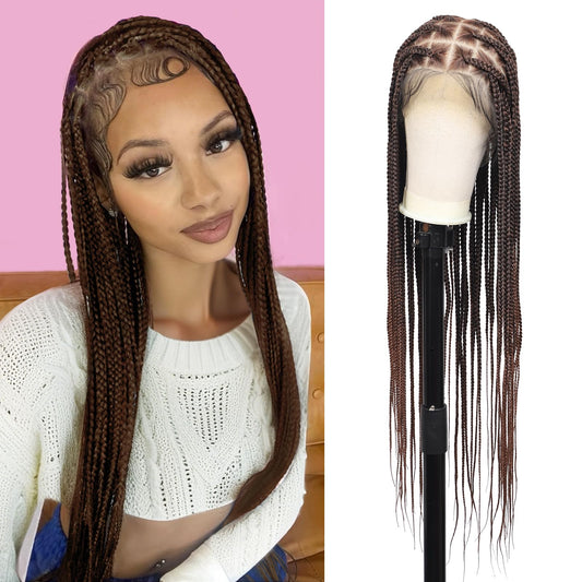 Olymei 360° Hd Full Lace Large Square Knotless Braided Wigs for Women Box Braid Wig with Baby Hair Long Brown Premium Synthetic Braided Lace Front Wigs 36"