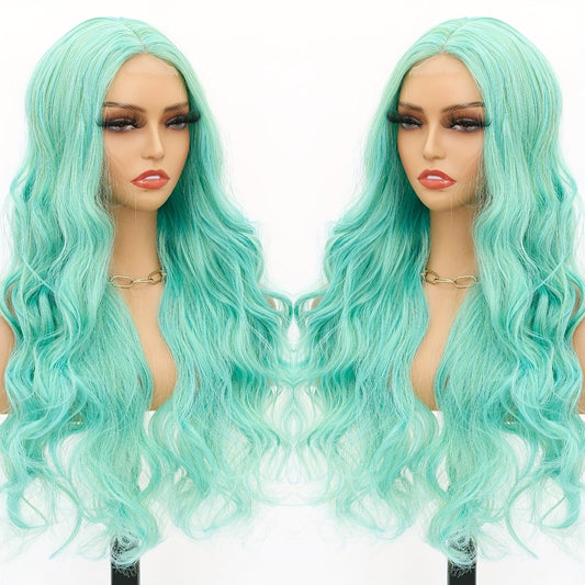 SISIFIRE Highlight Long Wavy Wigs for Women Green Middle Part Loose Curly Wave Wig Synthetic Heat Resistant Fiber Wig for Halloween Cosplay Christmas Wigs