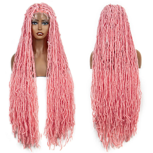 sedittyhair Colorful Locs Wigs 36 Inches Full Double Lace Pink Color Square Knotless Dreadlock Braided Wig with Baby Hair for Black Women Synthetic Lace Frontal Long Cornrow Box Braided Wigs