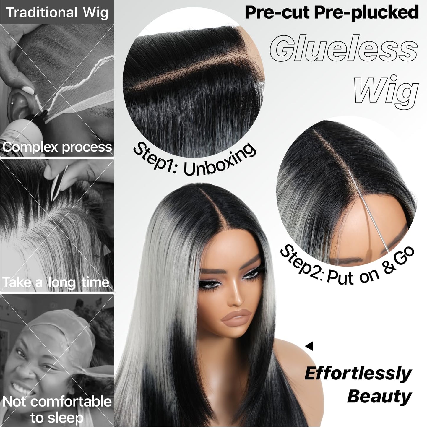 BrownBomb Ombre Sliver Grey Wear and Go Glueless Wigs Pre Plucked Pre Cut for Beginners Synthetic Lace Front Wigs With Bangs Long Straight layered Wigs HD Lace 26 Inch 3 Seconds to Wear for Beginners