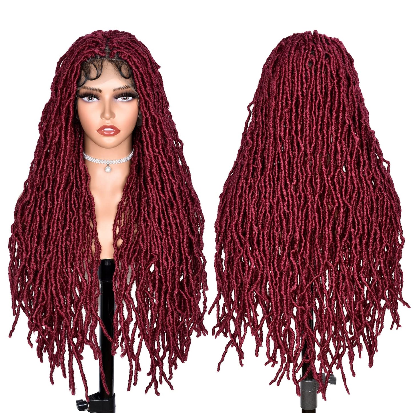 ANNISOUL Burgundy Full Lace Faux Locs Braided Wig Curly Hair Hand-braided Synthetic Crochet Braids with Baby Hair 32Inch Full Double Lace Synthetic Curly Crochet Locs Twist Wigs for Black Women