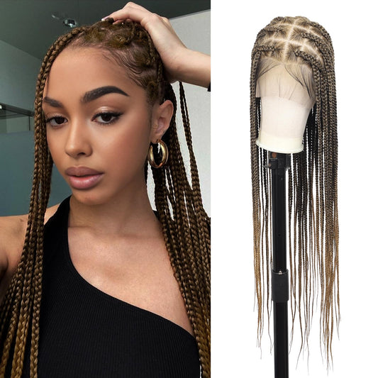 Olymei 360° HD Full Lace Large Square Knotless Braided Wigs for Women Box Braid Wig with Baby Hair Long Light Brown Premium Synthetic Braided Lace Front Wigs 36"