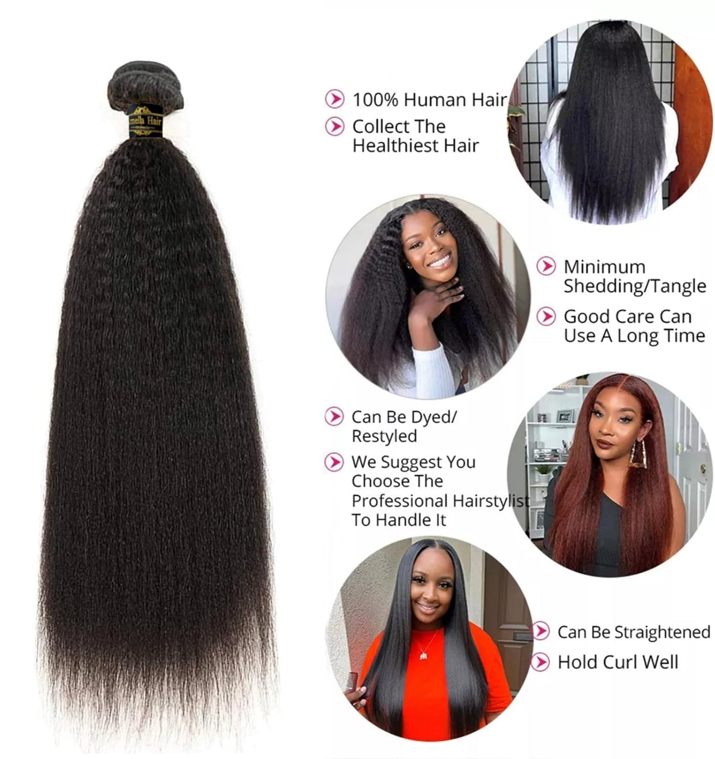 Amella Hair 10A Kinky Straight Hair 1 Bundles Yaki Human Hair Weave Unprocessed Brazilian Virgin Remy Sew in Hair Extensions Natural Black(12inch)