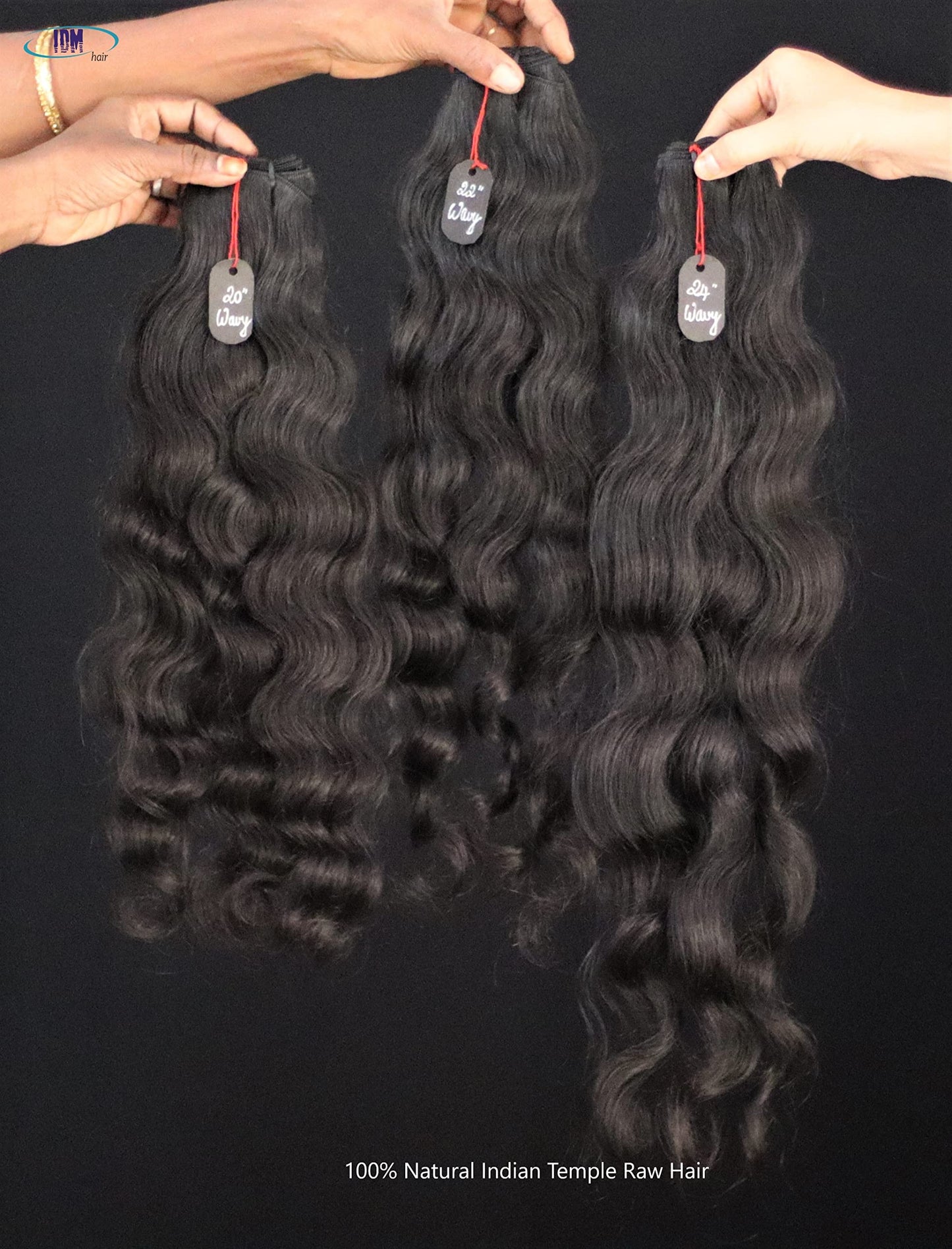 IDM INDIA 3 Bundles of 20” 22” 24” Wavy 100% natural Indian virgin temple raw hair extensions unprocessed and not treated with any kind of chemicals. Single donor raw hair weft bundles