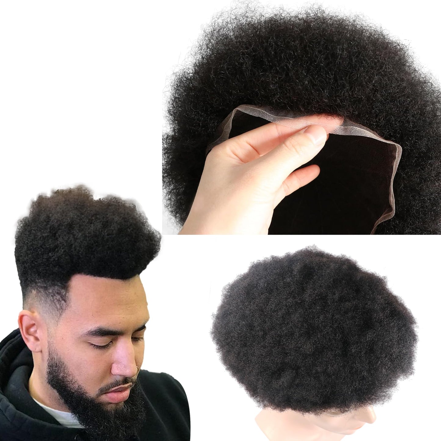 lumeng Afro Toupee Black Mens Wigs 4MM Curly Toupee Transparent HD Lace Hair Piece Man Weave Balding Male Hair Unit 8x10inch Replacement Systems 360 Weaves 100% Human Hair 1B# Off Black