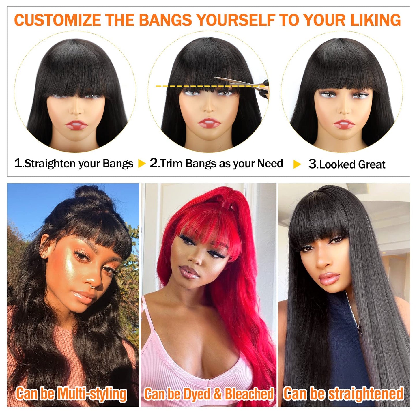 Lativ Body Wave Human Hair Wigs with Bangs None Lace Front Wigs 150% Density Glueless Machine Made Brazilian Virgin Human Hair Wigs for Black Women Natural Color(30 Inch, Body Wave)