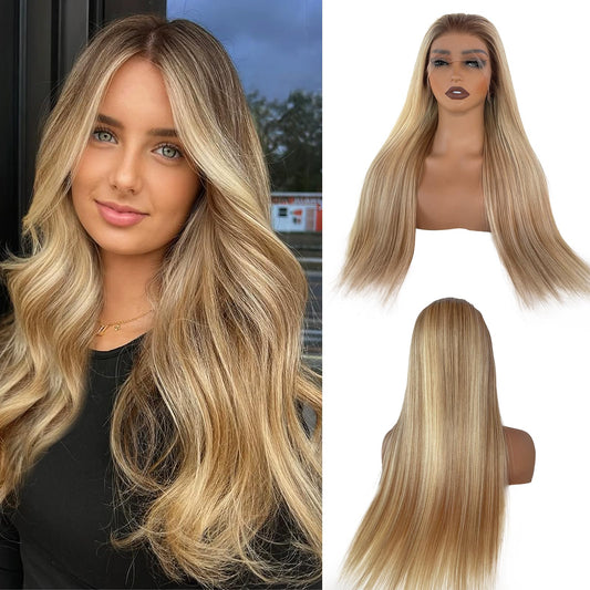 13x6 HD Lace Front Wigs Human Hair for White Women, 24 Inch Highlights Ombre Balayage Blonde Mixed Golden Blonde with #4 Brown Roots Glueless Lace Frontal Wigs Human Hair, Pre Plucked 180% Density