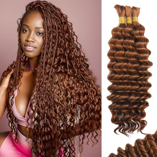 Human Braiding Hair for Boho Braids Human Hair 110g 18 Inch Curly Boho Hair for Braiding Knotless 12A Deep Wave Bohemian 3 Bundles/Pack Auburn Ginger