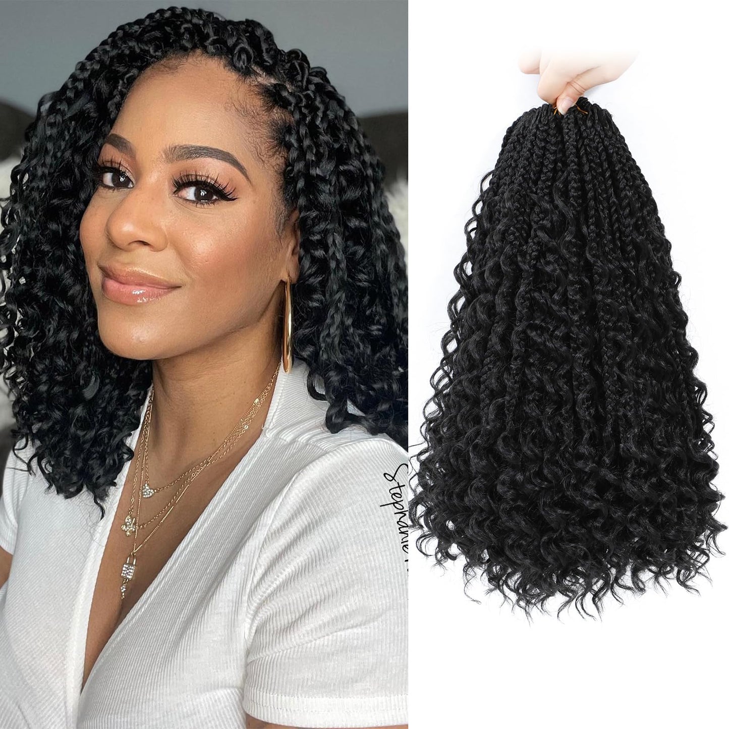 Yewell Goddess Box Braids Crochet Hair 10 Inch Boho Crochet Boxes Braid With Curly Ends, 9 Packs Bohomian Box Braiding Crochet Hair For Black Women Pre Looped BoxBraids(10Inch 9 Packs,1B)