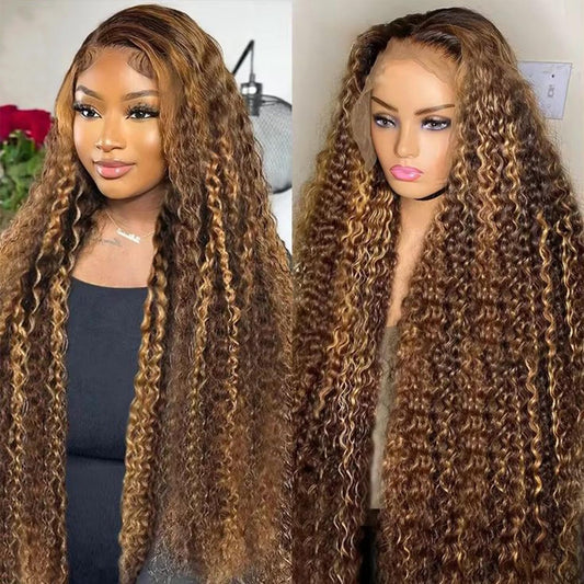 ALYOGA Highlight Wig Human Hair- 200 Density HD Deep Wave Lace Front Wigs, 13x6 Curly Human Hair Wig Pre Plucked 32 inch