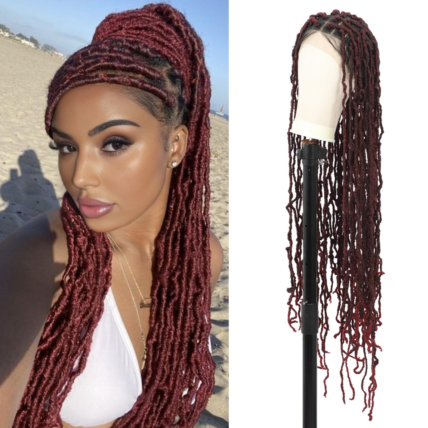 Olymei Locs Braided Wigs for Black Women Knotless Braided Wigs Locs Braid Wig with Baby Hair Full Double Lace Braided Wig Synthetic Burgundy Red Locs Braided Wig, 40 Inches Double Lace