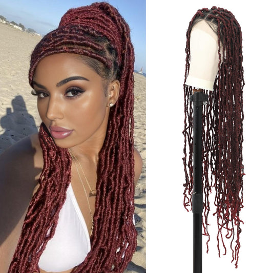 Olymei Locs Braided Wigs for Black Women Knotless Braided Wigs Locs Braid Wig with Baby Hair Full Double Lace Braided Wig Synthetic Burgundy Red Locs Braided Wig, 40 Inches Double Lace