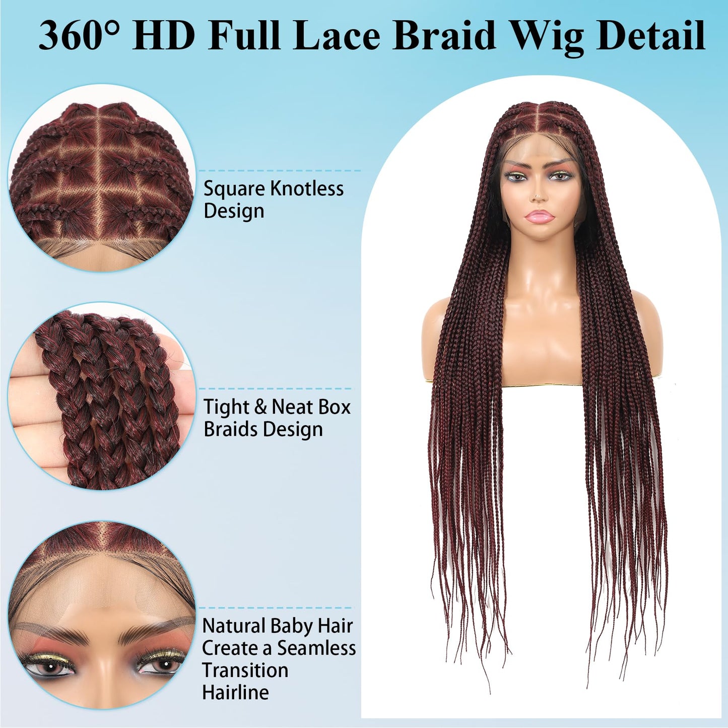 Olymei 360° Hd Full Lace Large Square Knotless Braided Wigs for Women Box Braid Wig with Baby Hair Long Burgundy Premium Synthetic Braided Lace Front Wigs 36"
