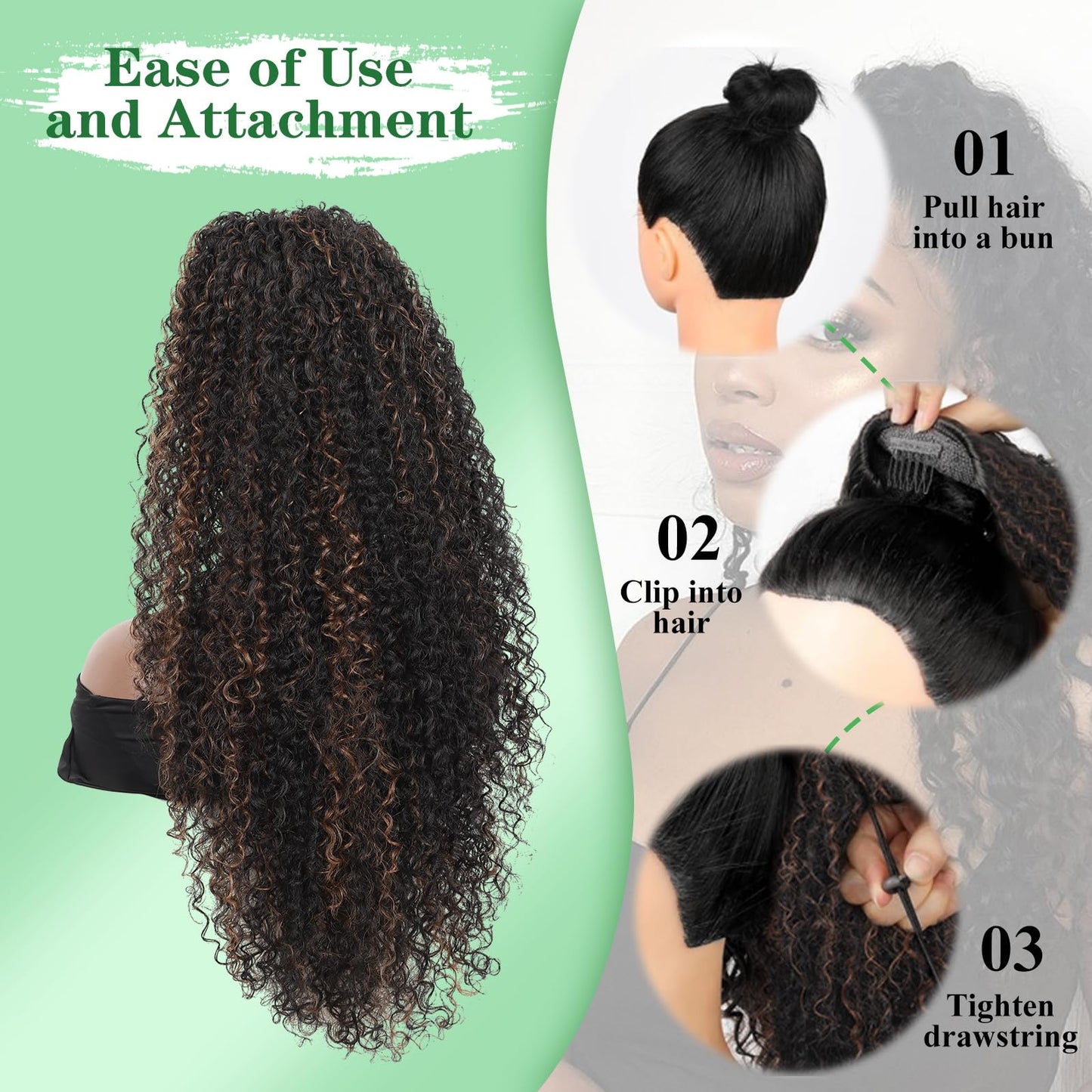 Youthfee Drawstring Ponytail for Women Deep Curly Ponytail Extension Synthetic Mixed with Human Hair Ponytails Brown Highlights Pony for Daily wear,27 Inches