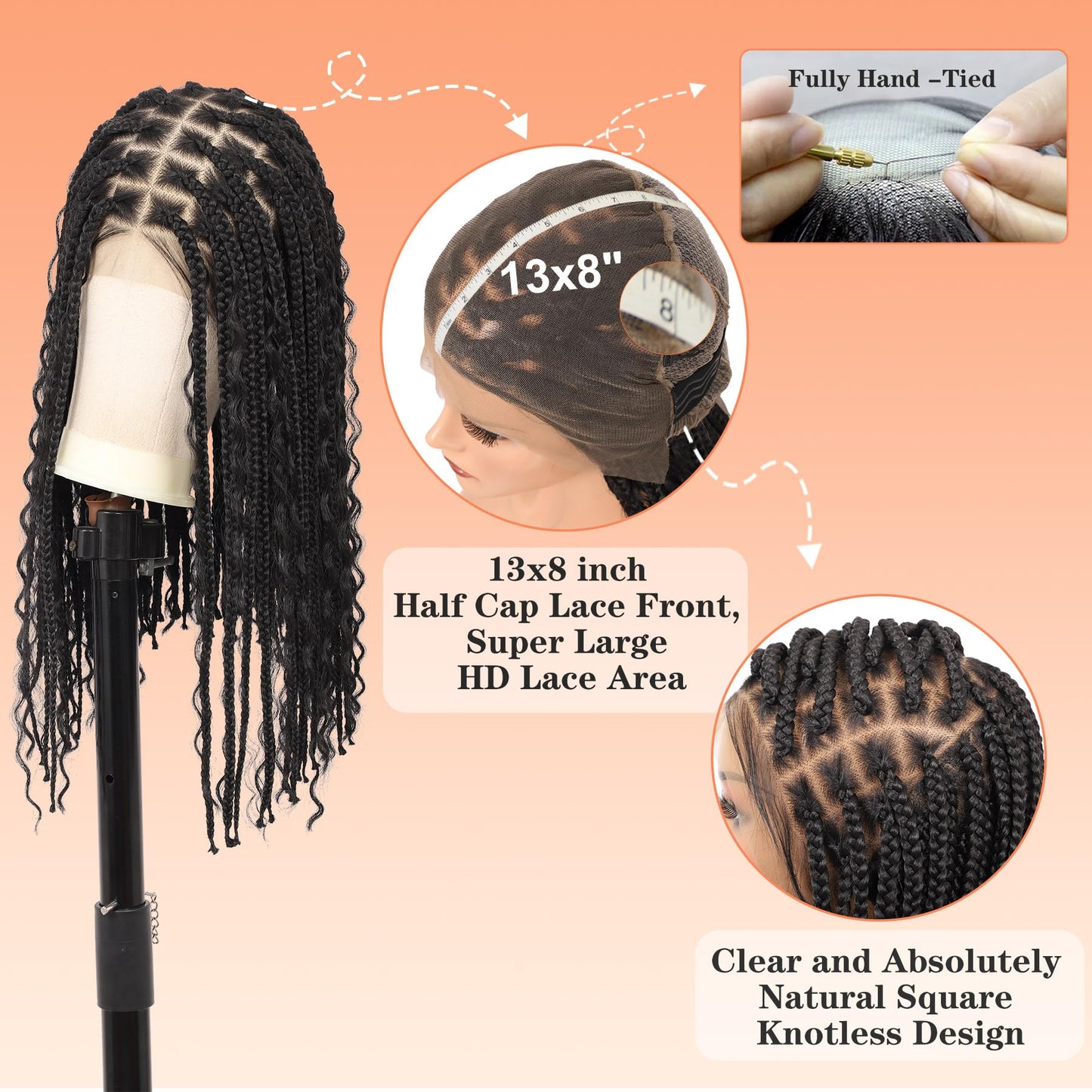 Brinbea 18'' 13x8'' HD Lace Short Braided Wigs for Women Bob Knotless Boho Braided Wigs with Baby Hair Black Box Braid Wig Premium Synthetic Braided Lace Front Wigs