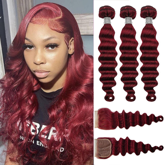 Beaushine 10A Loose Deep Wave Bundles with Closure Human Hair 14 16 18+14inch, Unprocessed Raw Brazilian Hair Weave-Burgundy/Wine Red Color Lace Closure with 3Bundles Sew in Hair Extensions