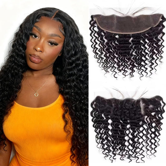 Bexclent 13x4 Lace Frontal Closure Deep Wave Frontal HD Lace 18 Inch Ear to Ear Human Hair Frontal 100% Unprocessed Brazilian Virgin Hair Extensions for women 150% Density Natural Black