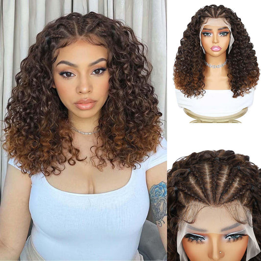 Quantum Love Braided Wigs for Black Women Braids Cornrows Lace Curly Wigs 16 Inch Lace Frontal Braided Fully Curly Ombre Brown Bob Synthetic Glueless Wigs