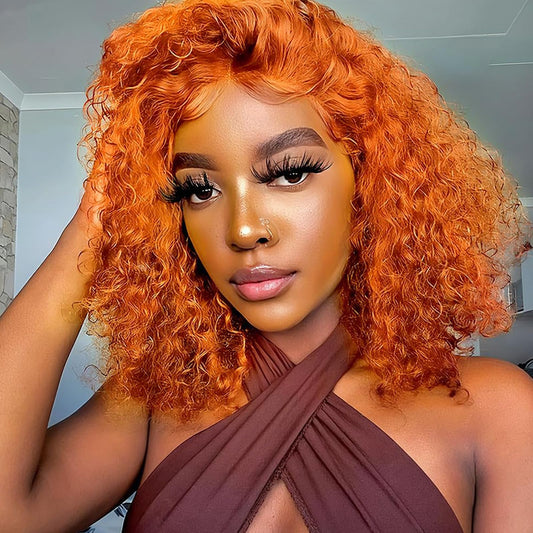 Hihmarm Ginger 13x6 Deep Wave Hd Lace Front Bob Wigs Human Hair Pre Plucked Orange Curly Lace Frontal Wigs For Black Women Bob Glueless Wig Human Hair Wet And Wave 180 Density 14 Inch