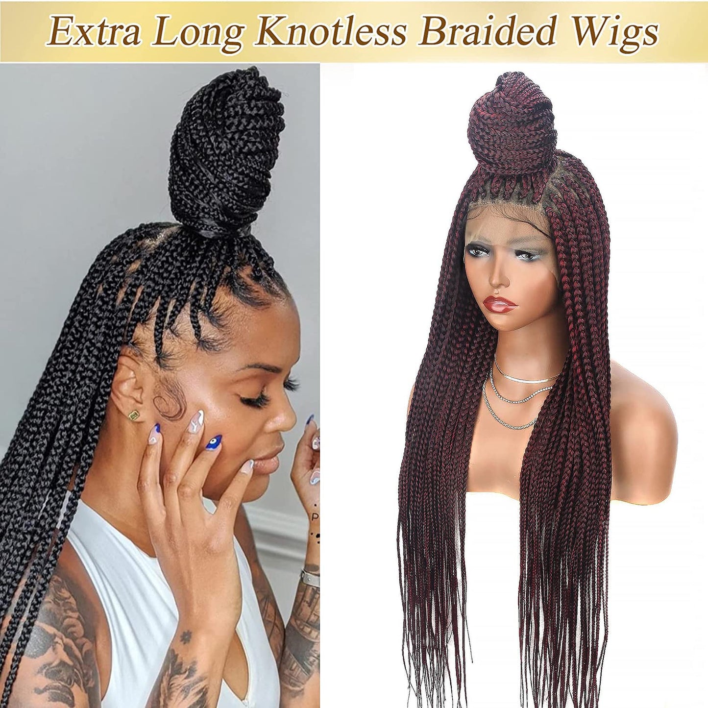 Alebery 36" Full Lace Knotless Box Braided Wigs for Black Women Knotless Box Braids Lace Front Wig with Baby Hair Lightweight Synthetic Lace Frontal Burgundy Cornrow Twisted Braided Wigs (1B/BG)