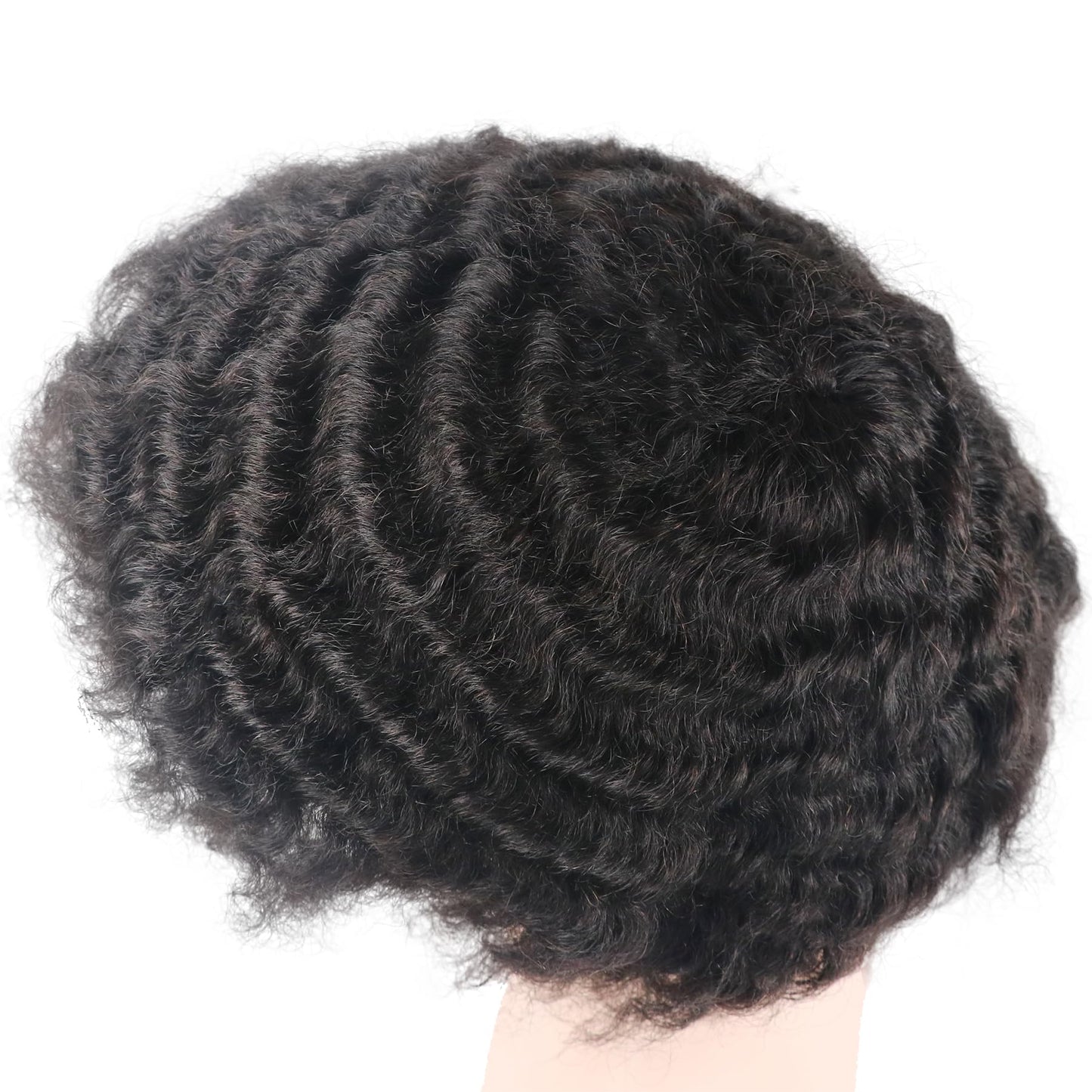 lumeng Afro Toupee PU Base Wig Men 12MM Wave Hair Unit Black Mens Wig 8x10inch Human Hair System 1B# Off Black 360 Curly Replacement Afro Human Hair Pieces