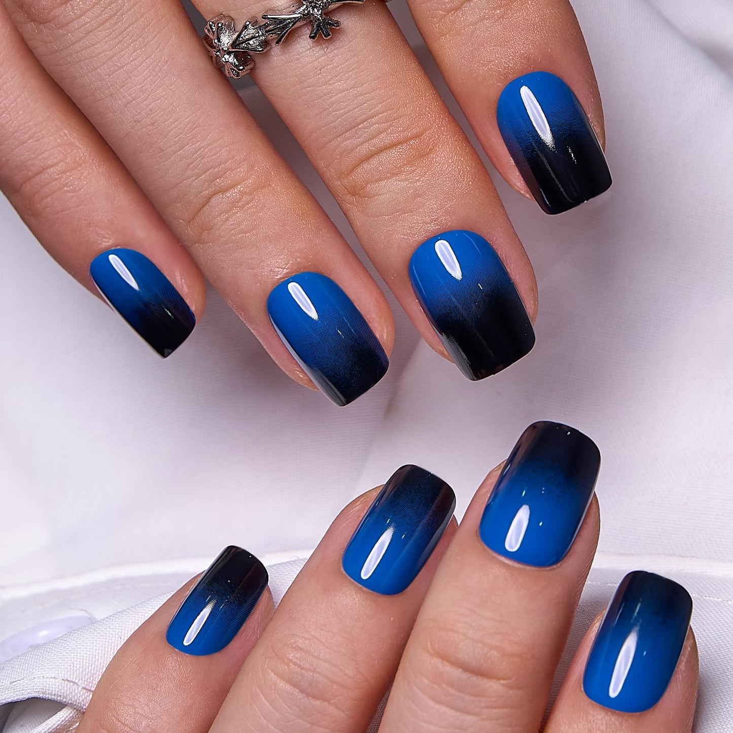 Curvlife Press On Nails - Acrylic Fake Nails with Design, Full Cover False Nails Reusable Kit with Nail Glue Adhesive Tabs, Nail File - Artificial Glue On Nails (Gradient Blue, 30pcs)