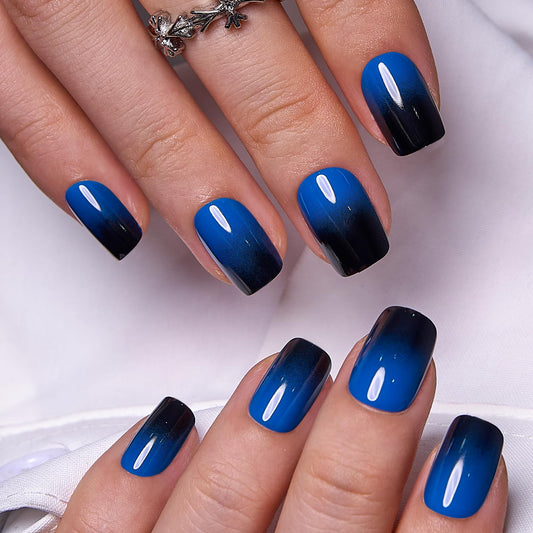 Curvlife Press On Nails - Acrylic Fake Nails with Design, Full Cover False Nails Reusable Kit with Nail Glue Adhesive Tabs, Nail File - Artificial Glue On Nails (Gradient Blue, 30pcs)