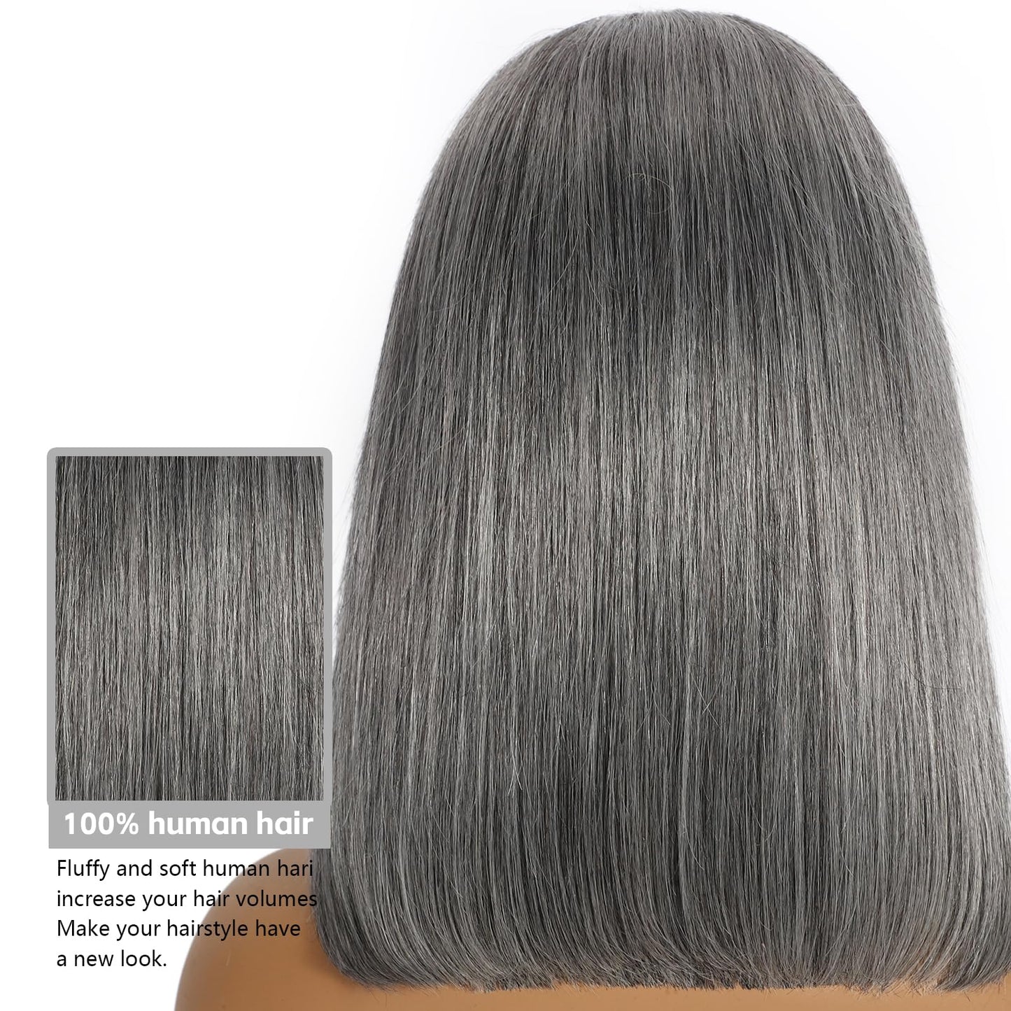 Hoscod 13x4 HD Lace Front Wig Human Hair 14 Inch Grey mixed White Lace Frontal Bob Wigs Human Hair 180% Density Straight Bob Wig Pre Plucked Ombre Grey White Wigs With Baby Hair for Women