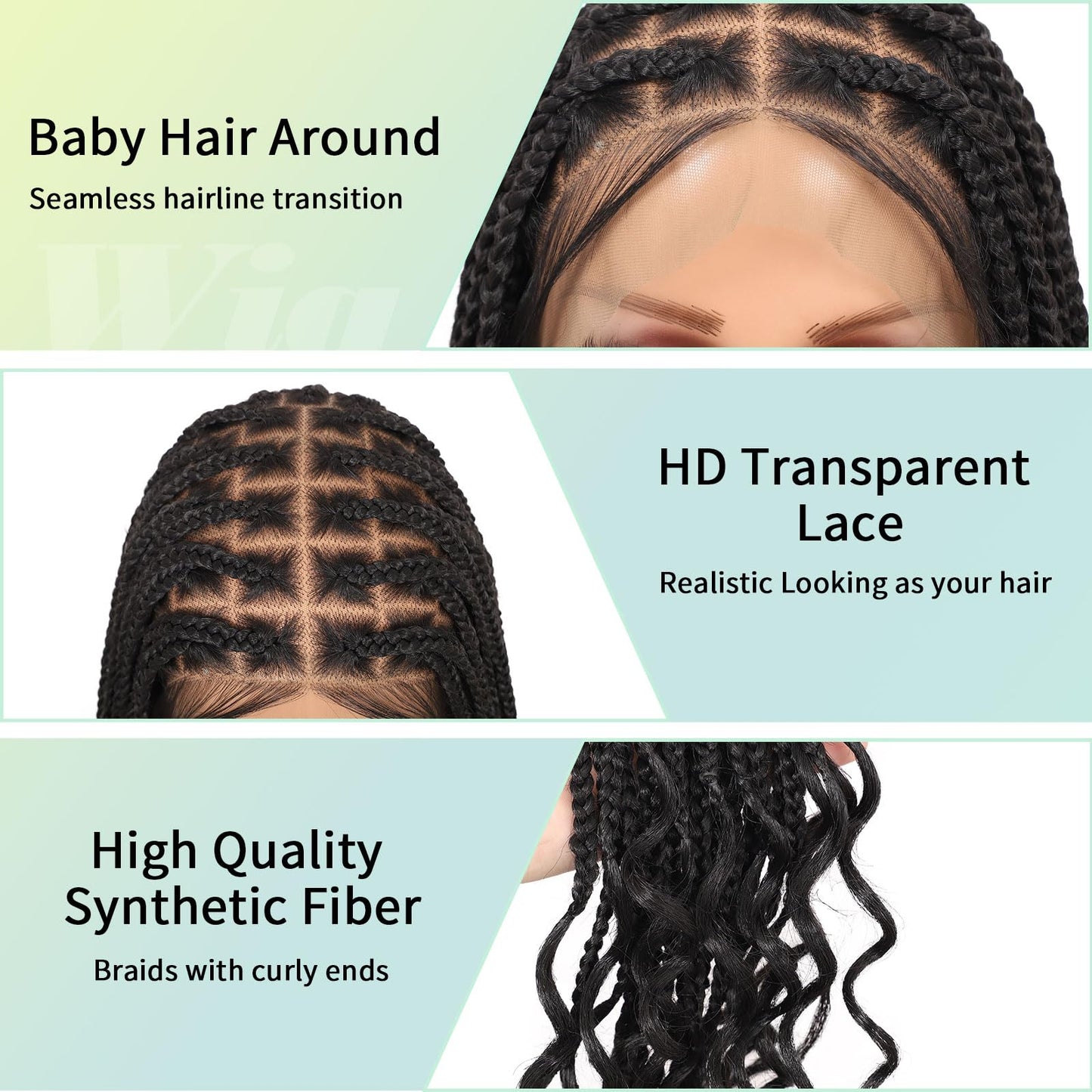 Fecihor 13x8 Inch HD Lace Front Box Knotless braided Wigs With Baby Hair Braided Wig For Women With Boho Curly Ends Black Premium Synthetic 36 Inch
