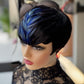 QiaQiaRing Pixie Cut Wigs for Black Women 1b/Blue for Summer Daily Use Color Short Layered Pixie Cut Human Hair Wigs With Bangs Glueless Full Machine Made Brazilian Virgin Straight Human Hair