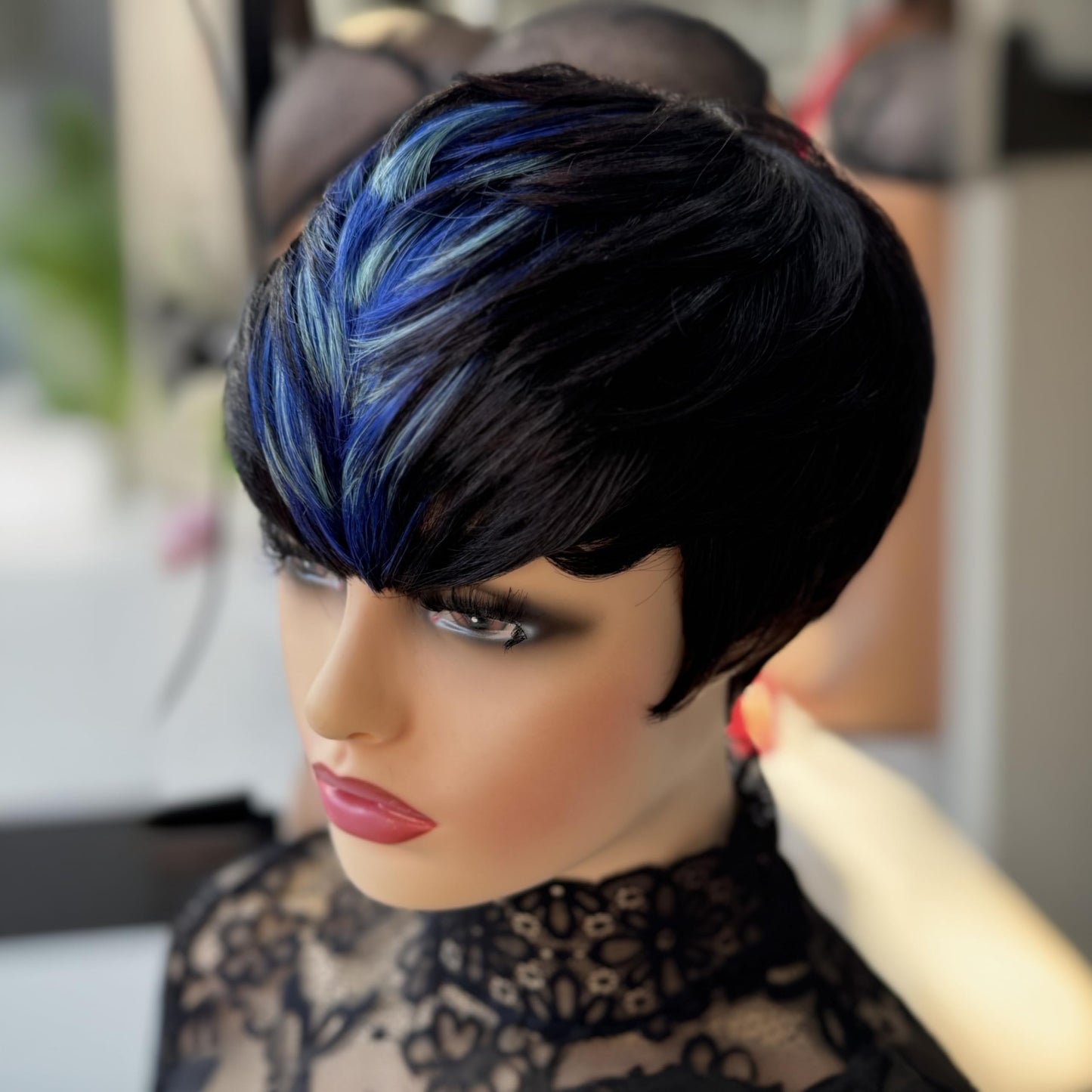 QiaQiaRing Pixie Cut Wigs for Black Women 1b/Blue for Summer Daily Use Color Short Layered Pixie Cut Human Hair Wigs With Bangs Glueless Full Machine Made Brazilian Virgin Straight Human Hair